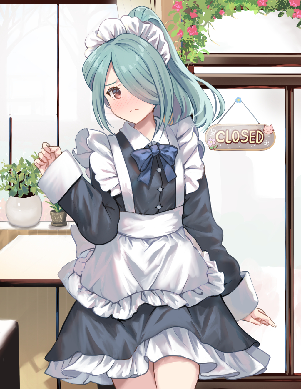 1boy aisu_(icicleshot) alternate_costume apron black_dress blush bow bowtie closed_mouth cowboy_shot crossdressing dress enmaided hair_over_one_eye highres inazuma_eleven inazuma_eleven_(series) kazemaru_ichirouta long_hair long_sleeves looking_at_viewer maid maid_headdress male_focus otoko_no_ko ponytail solo standing waist_apron