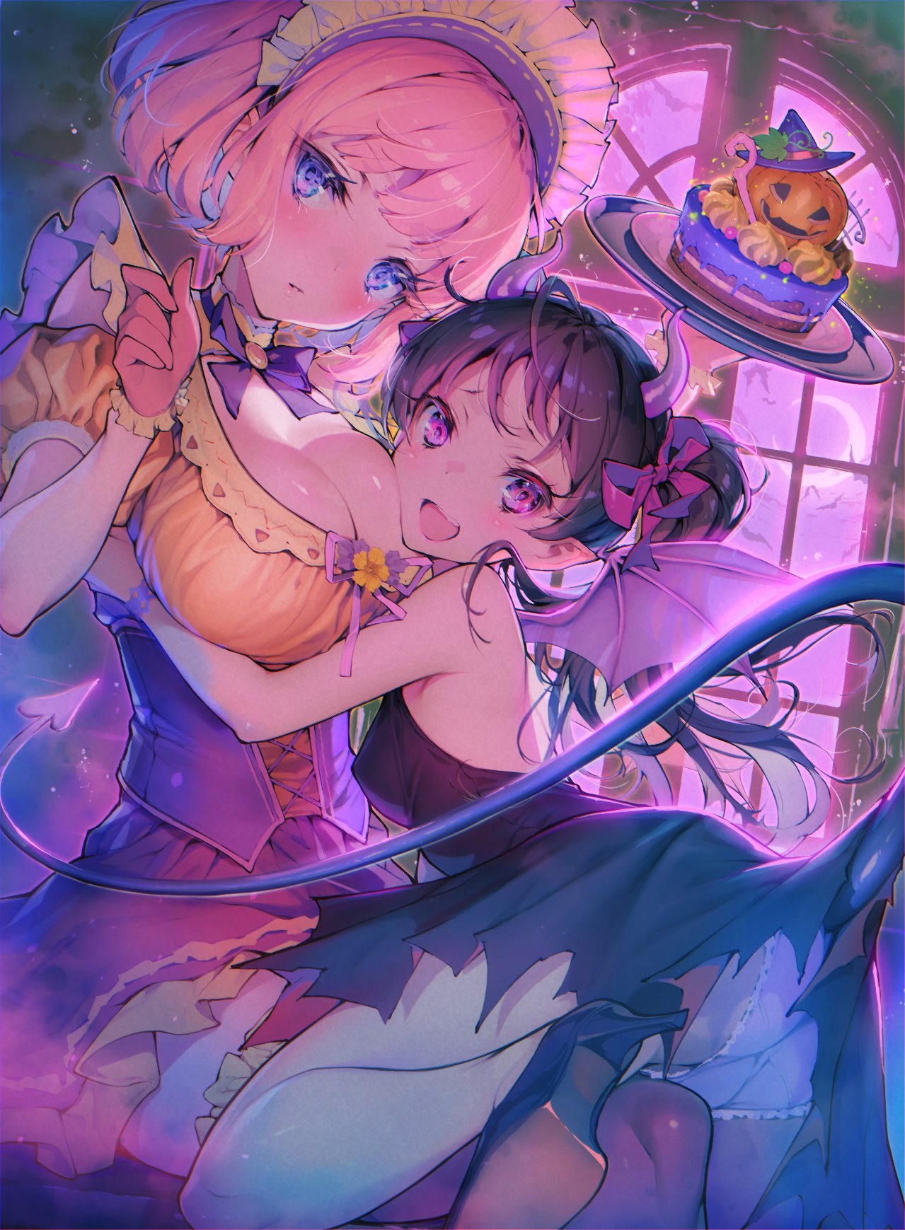 2girls ass bare_shoulders bat_(animal) black_dress black_hair blush breasts cake cheek-to-breast cleavage commentary_request corset crescent_moon demon_girl demon_horns demon_tail demon_wings dress food gloves halloween highres holding holding_plate horns hug indoors jack-o'-lantern large_breasts long_hair maid maid_headdress moon multiple_girls night open_mouth original panties pink_eyes pink_hair plate ponytail purple_eyes short_hair short_sleeves small_breasts smile strapless strapless_dress tail tinkle_bell underwear window wings