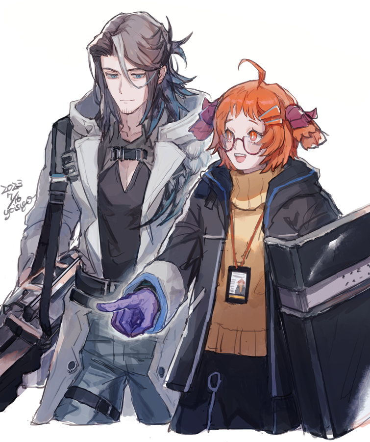 1boy 1girl ahoge animal_ears arknights beagle_(arknights) belt black_belt black_coat black_pants black_shirt blue_gloves blue_hair bright_pupils brown_hair coat cropped_legs dated dog_ears dog_girl glasses gloves gradient_hair grey_coat grey_pants hair_strand holding holding_shield id_card looking_at_another looking_down multicolored_hair oisyox72 open_clothes open_coat open_mouth orange_eyes orange_hair pants pectoral_cleavage pectorals pointing semi-rimless_eyewear shield shirt signature simple_background smile teeth thigh_belt thigh_strap totter_(arknights) upper_teeth_only v-neck weapon_case white_background white_pupils