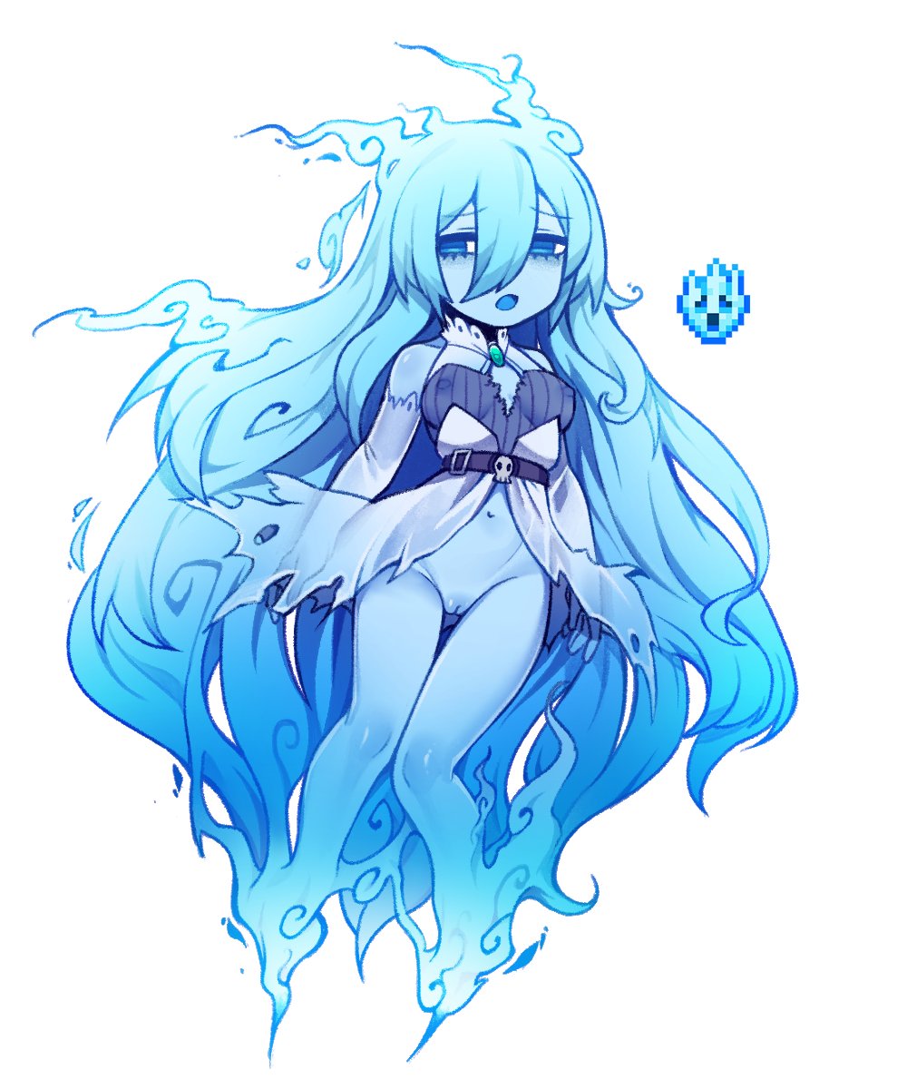 1girl absurdly_long_hair aqua_hair bare_legs black_panties blue_eyes breasts covered_nipples dungeon_spirit_(terraria) fiery_hair ghost ghost_girl hair_between_eyes highres knees_together_feet_apart long_hair medium_breasts navel no_feet nyong_nyong panties pussy reference_inset simple_background terraria thigh_gap torn_clothes underwear very_long_hair white_background