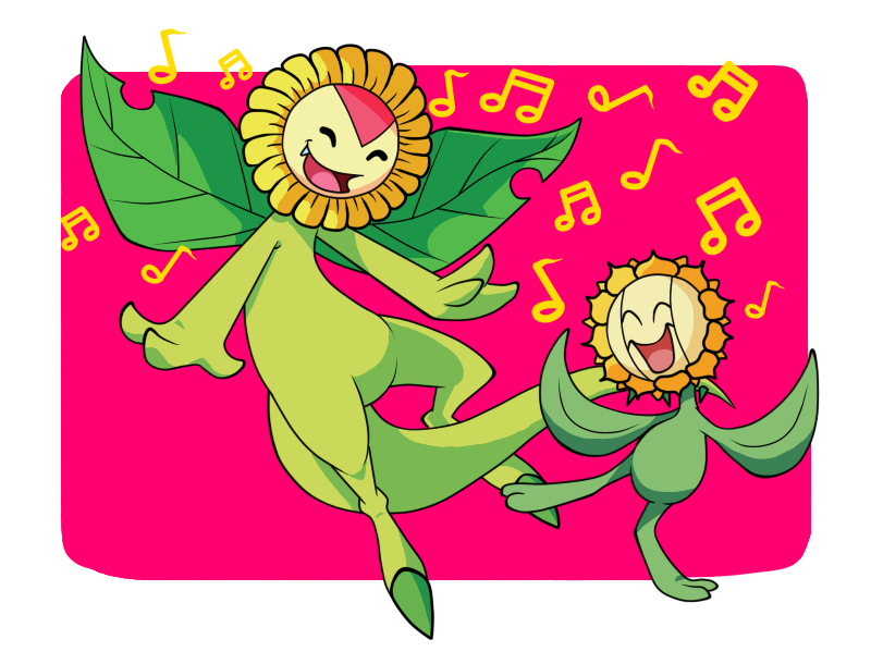 closed_eyes creature crossover dancing digimon digimon_(creature) eighth_note fang flower jazzy-90 leaf musical_note open_mouth pokemon pokemon_(creature) power_connection quarter_note rounded_corners sunflora sunflower sunflowmon