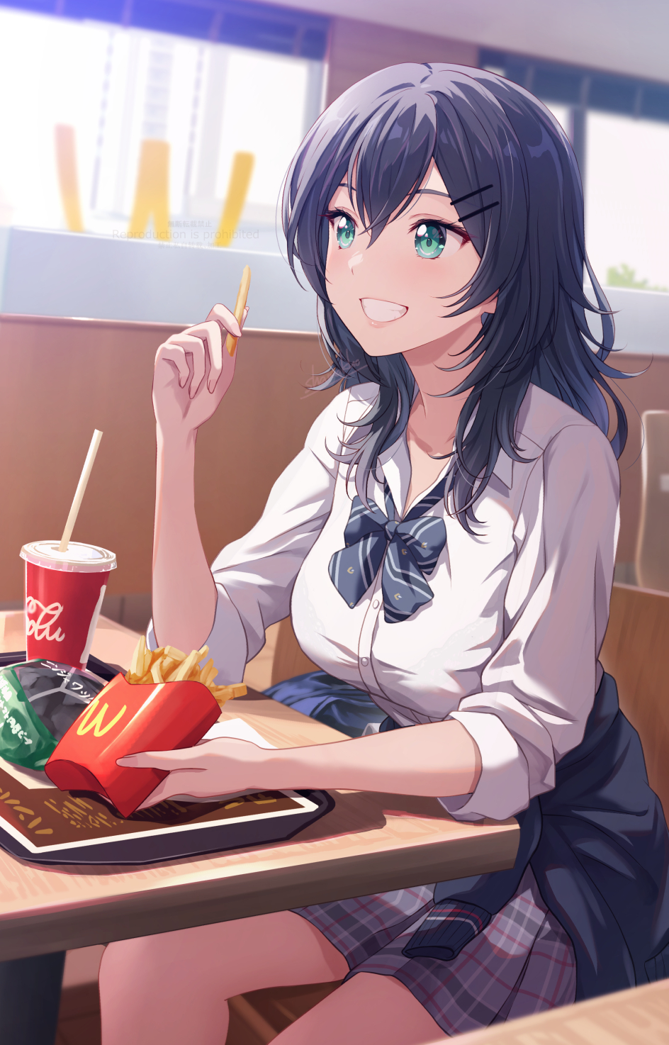 1girl aqua_eyes black_hair blue_cardigan blush booth_seating cardigan cardigan_around_waist clothes_around_waist collared_shirt cup disposable_cup drink drinking_straw eating fast_food food french_fries grey_skirt grin hair_between_eyes hair_ornament hairclip highres holding holding_food long_hair original plaid plaid_skirt pleated_skirt school_uniform shamakho shirt sitting skirt sleeves_rolled_up smile soda solo teeth tray white_shirt