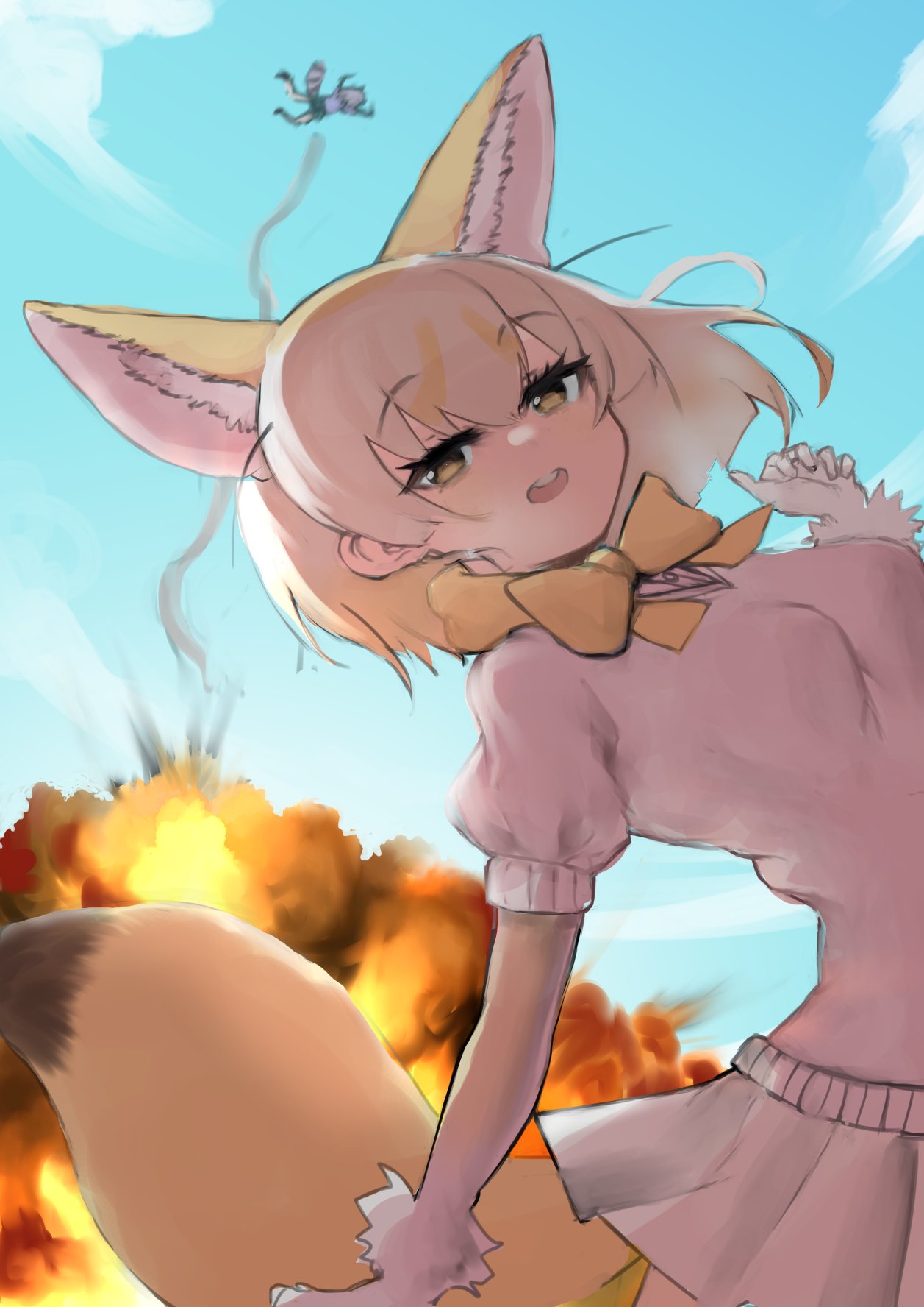 2girls animal_ears black_skirt blonde_hair blue_sweater bow bowtie common_raccoon_(kemono_friends) explosion extra_ears fennec_(kemono_friends) fox_ears fox_girl fox_tail gaga_(gamerakero) grey_hair highres kemono_friends midair multicolored_hair multiple_girls pink_sweater pleated_skirt puffy_short_sleeves puffy_sleeves raccoon_ears raccoon_girl raccoon_tail short_hair short_sleeves skirt sweater tail white_hair white_skirt yellow_bow yellow_bowtie yellow_eyes