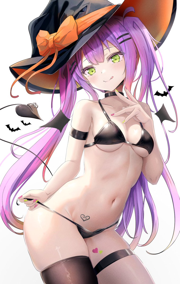 1girl :q alternate_costume armband bare_shoulders bat_wings bikini bikini_pull black_bikini black_choker black_headwear black_thighhighs bow breasts choker closed_mouth clothes_pull collarbone commentary_request cowboy_shot demon_tail detached_wings green_eyes hair_ornament hairclip halloween hat hat_bow heart heart_stickers heart_tattoo highres hololive large_hat long_hair looking_at_viewer medium_breasts multicolored_nails nail_polish navel nekonosuke orange_bow piercing pink_nails pulled_by_self purple_hair simple_background single_thighhigh skindentation smile solo stomach swimsuit tail tail_ornament tail_piercing tattoo thigh_strap thighhighs tokoyami_towa tongue tongue_out twintails virtual_youtuber white_background wings yellow_nails