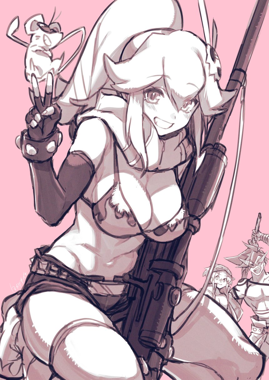 anti-materiel_rifle belt bikini bikini_top_only breasts character_request cosplay eyes_visible_through_hair flame_print gun hair_ornament highres large_breasts monochrome mouse no_shirt pink_thighhighs rifle scarf simon_(ttgl) skull_hair_ornament sniper_rifle studded_belt swimsuit takatsuki_ichi tengen_toppa_gurren_lagann thighhighs weapon yoko_littner yoko_littner_(cosplay)