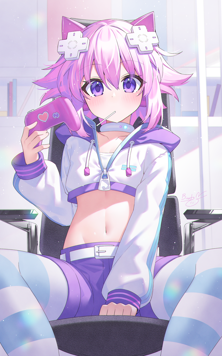 1girl animal_ears between_legs binato_lulu blush cat_ears collarbone controller cowboy_shot cropped_jacket eyelashes foreshortening game_controller gamepad hair_between_eyes hand_between_legs heart highres holding holding_controller holding_game_controller indoors jacket light_particles looking_at_viewer midriff navel neptune_(neptunia) neptune_(series) purple_eyes purple_hair purple_shorts short_hair shorts sidelighting signature sitting sleeves_past_wrists spread_legs stomach straight-on striped striped_thighhighs thighhighs white_jacket