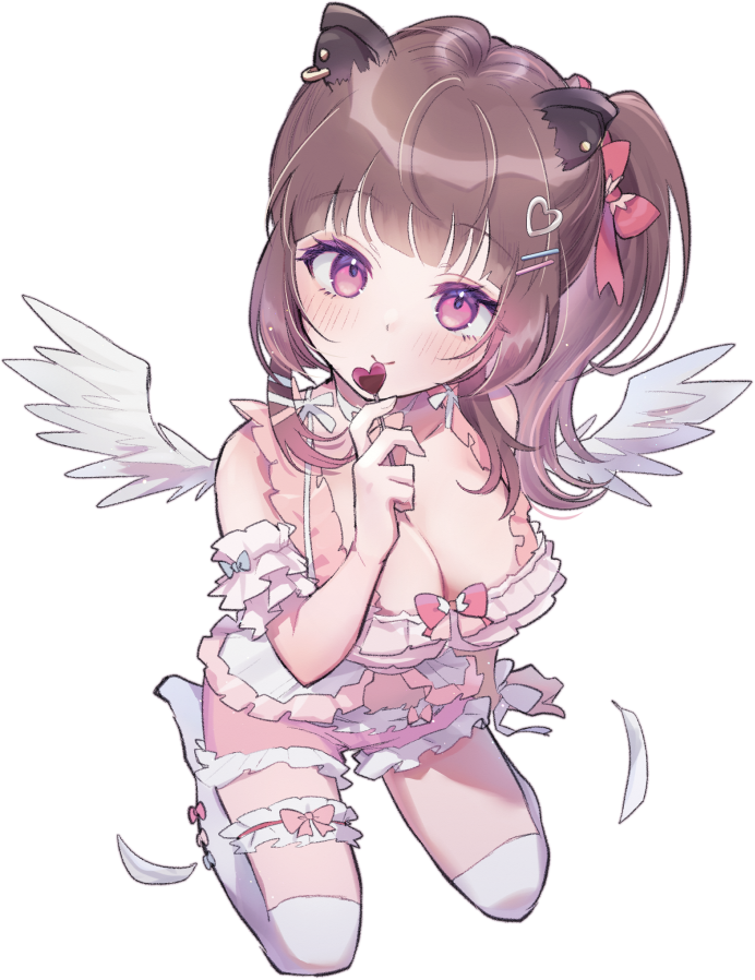 1girl animal_ear_piercing babydoll blunt_bangs blush bow breasts brown_hair candy capybara_ears cleavage closed_mouth commentary_request earrings feathered_wings feathers food frilled_babydoll frilled_shorts frills full_body hair_ornament hairclip heart heart_hair_ornament heart_lollipop high_side_ponytail holding holding_candy holding_food holding_lollipop jewelry kuzuhana large_breasts lollipop long_hair looking_at_viewer medium_bangs nanashi_inc. pink_bow pink_eyes pink_shorts seiza shaped_lollipop shorts sidelocks simple_background sitting smile solo stud_earrings thigh_strap thighhighs transparent_background virtual_youtuber white_babydoll white_thighhighs white_wings wings yunohara_izumi