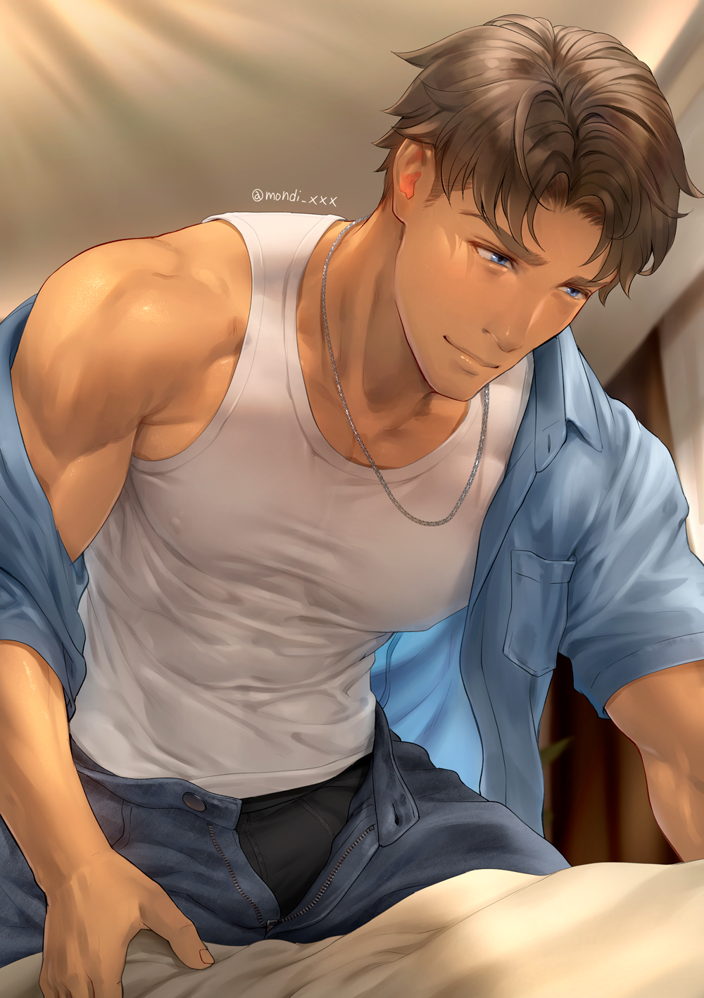 1boy bara black_male_underwear blue_eyes blue_pants blue_shirt brown_hair chain_necklace highres jewelry jim_(mondi_hl) large_pectorals male_focus male_underwear male_underwear_peek mondi_hl muscular muscular_male necklace open_clothes open_pants open_shirt original pants pectorals shirt short_hair solo tank_top twitter_username underwear white_tank_top