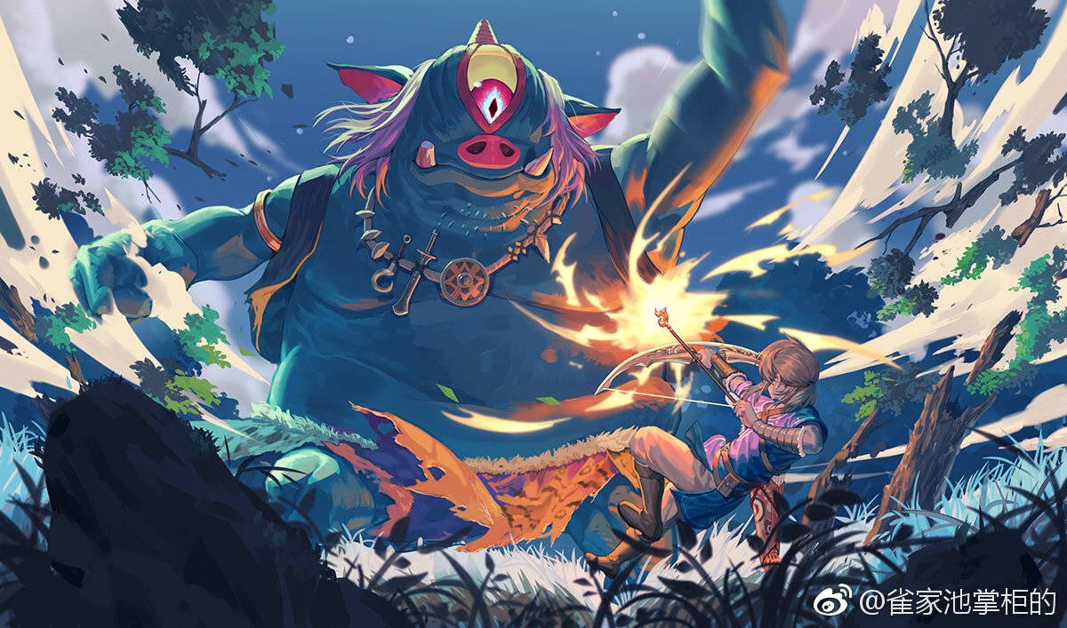 battle blue_skin blue_tunic boss_fight bow_(weapon) colored_skin giant grass hinox iketsumi light_brown_hair link one-eyed sky the_legend_of_zelda the_legend_of_zelda:_breath_of_the_wild tree weapon