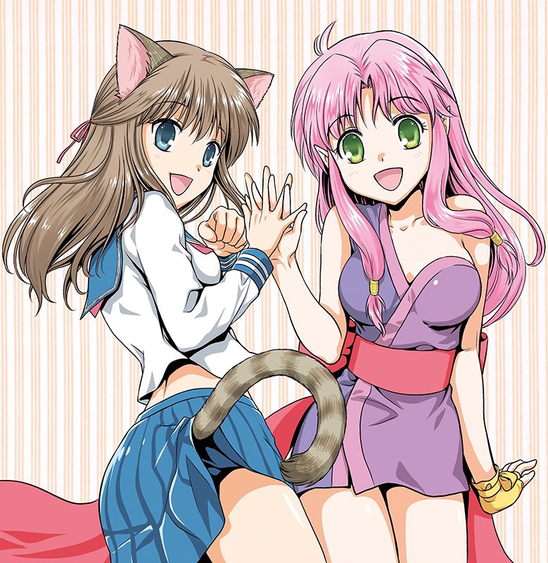 2girls animal_ears blue_eyes blue_skirt breasts brown_hair cat_ears cat_girl cat_tail character_request clothes_lift copyright_request fingerless_gloves gloves green_eyes holding_hands japanese_clothes kimono long_hair looking_at_viewer multiple_girls nagano_akane open_mouth pink_hair pleated_skirt pointy_ears school_uniform serafuku shirt short_kimono single_glove skirt skirt_lift sleeveless sleeveless_kimono smile tail thighs white_shirt yellow_gloves