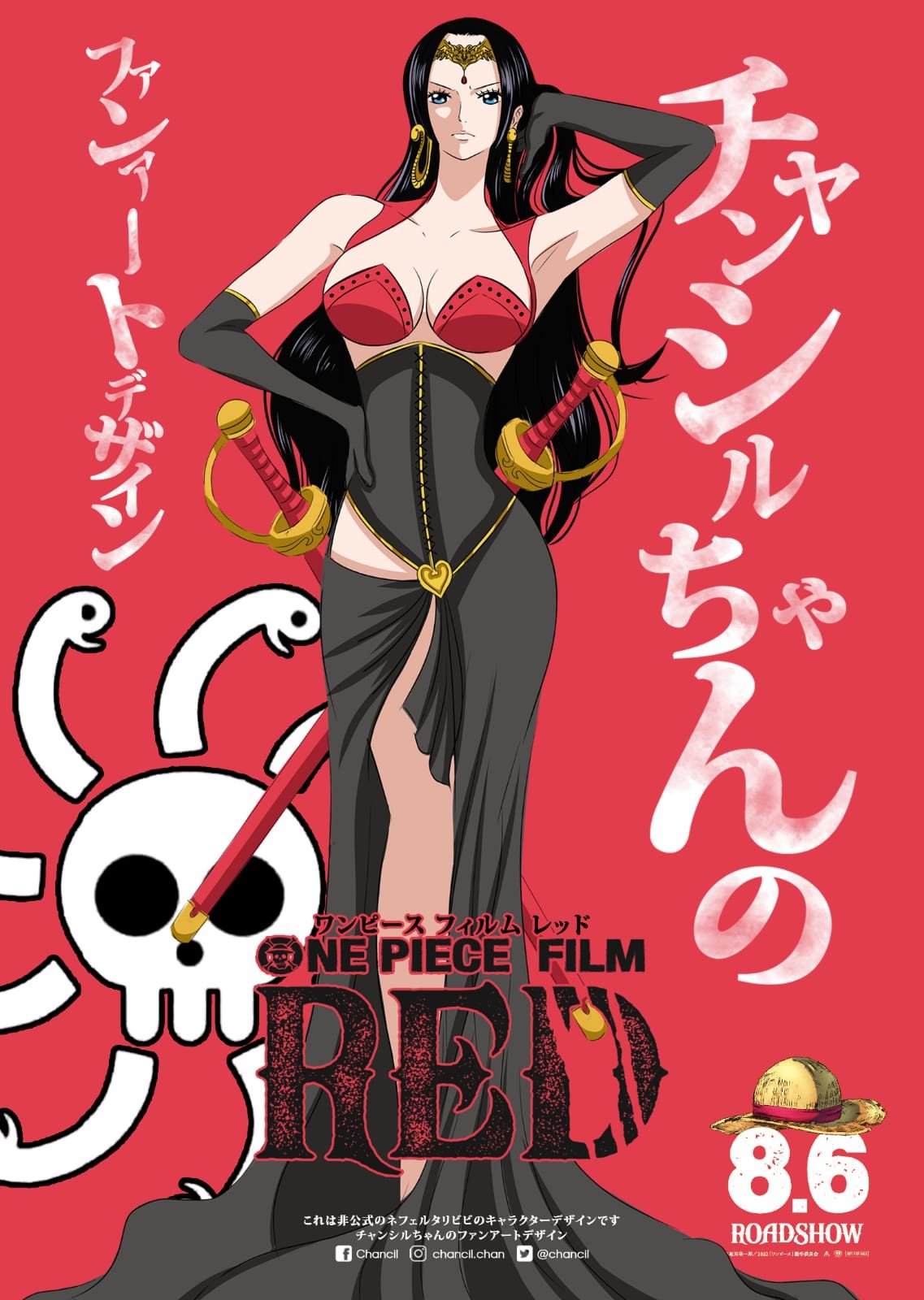 1girl adapted_costume alternate_costume alternate_universe arm_up artist_name bare_shoulders black_hair blue_eyes boa_hancock chancil closed_mouth copyright_name earrings facebook_username fake_ad hat headdress highres instagram_username jewelry jolly_roger long_hair one_piece one_piece_film:_red poster_(medium) skull_and_crossbones snake_earrings solo standing straw_hat sword twitter_username weapon