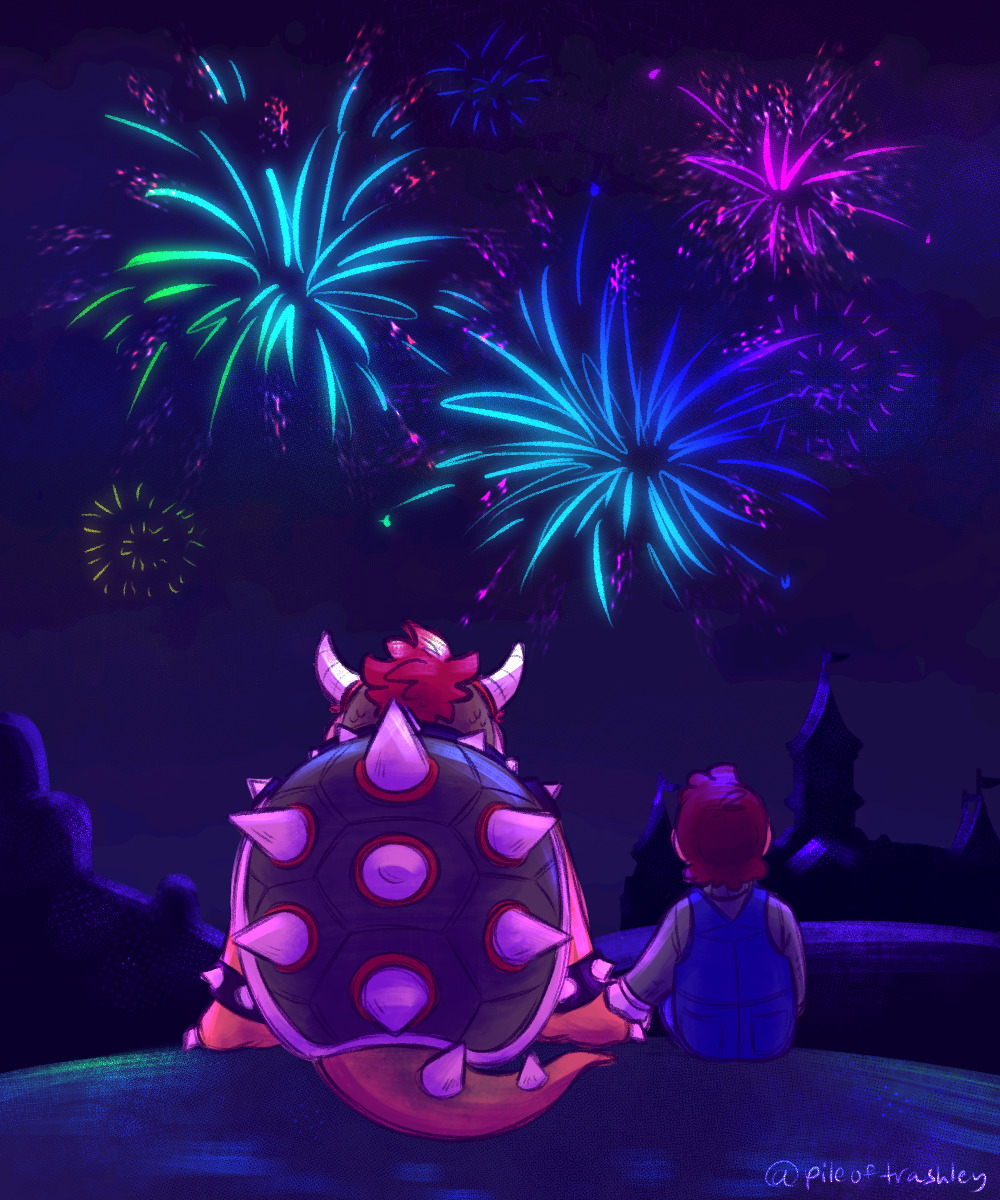 bowser bracelet clothing collar duo fireworks hair hand_holding hi_res horn jewelry koopa luigi male male/male mario_bros night nintendo overalls pileoftrashley red_hair scalie shell size_difference spiked_bracelet spiked_collar spiked_shell spiked_tail spikes spikes_(anatomy)