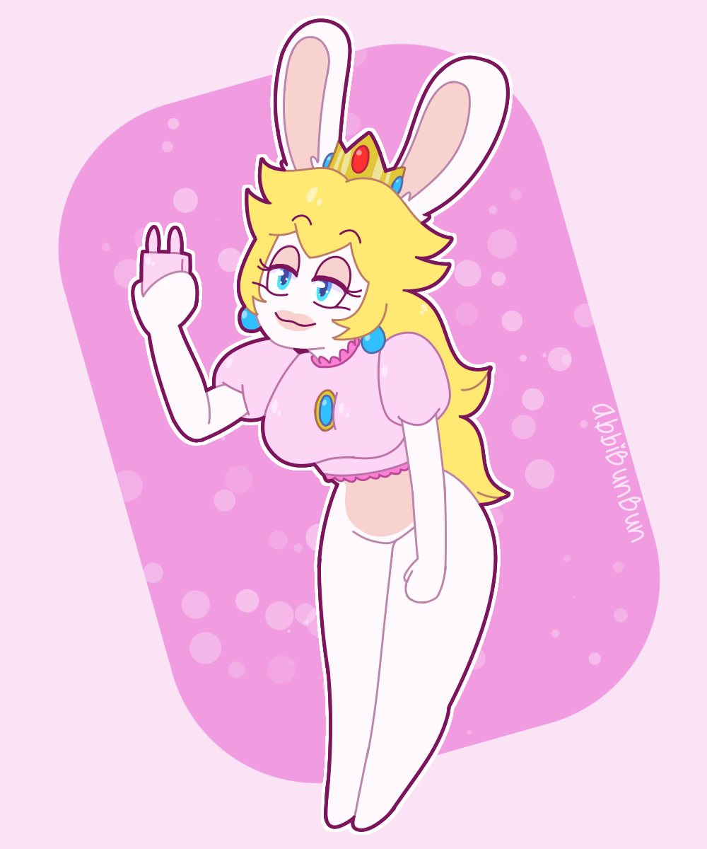 abbibunbun anthro blonde_hair blue_eyes cellphone crossover crown female hair headgear hi_res lagomorph mammal mario_bros mario_plus_rabbids_kingdom_battle nintendo phone rabbid rabbid_peach raving_rabbids rayman_(series) smartphone solo ubisoft