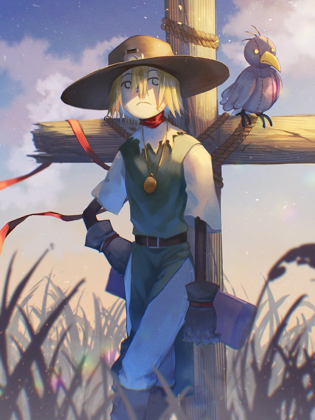 1boy 5-en belt bird blonde_hair brown_belt brown_gloves brown_headwear cloud cowboy_hat cross crow day digimon digimon_(creature) gloves gold_necklace grass green_tunic grey_pants hand_on_own_hip hat highres jewelry necklace nohemon outdoors pants red_scarf scarecrow scarf shirt short_hair short_sleeves solo stuffed_animal stuffed_bird stuffed_toy white_shirt wings