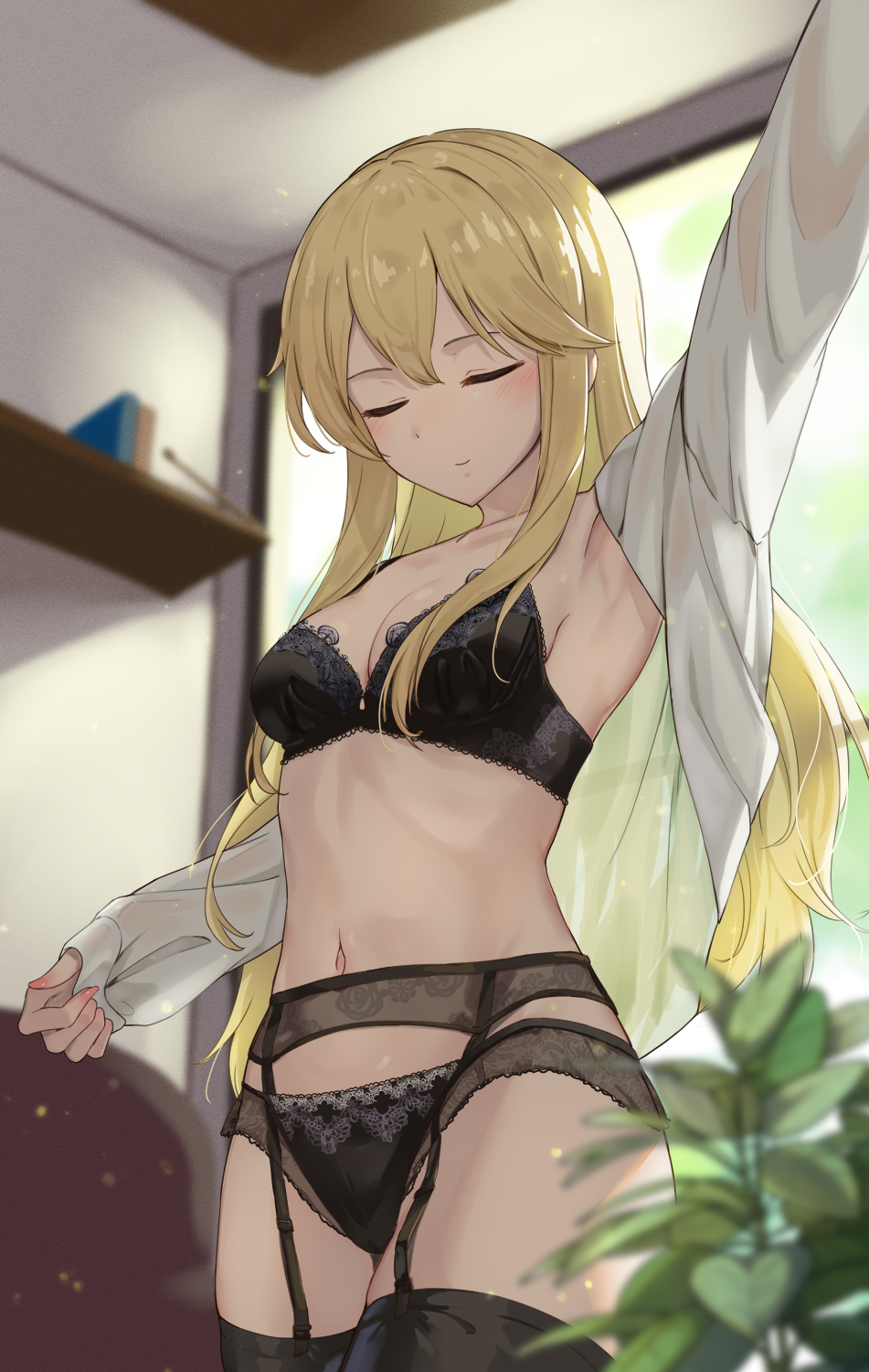 1girl arm_up black_bra black_panties black_thighhighs blonde_hair bra breasts clarice_(idolmaster) closed_eyes closed_mouth commentary_request garter_straps highres idolmaster idolmaster_cinderella_girls indoors kozeni_isari lingerie long_hair long_sleeves medium_breasts navel panties plant shirt smile solo thighhighs underwear white_shirt