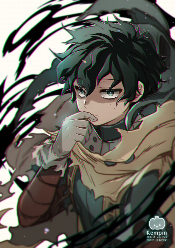 1boy artist_logo artist_name bags_under_eyes black_whip_(boku_no_hero_academia) blurry blurry_background blurry_foreground bodysuit boku_no_hero_academia cape chromatic_aberration dated_commentary depth_of_field floating_cape floating_clothes freckles from_side gloves green_bodysuit green_eyes green_hair grey_gloves hair_between_eyes hand_to_own_mouth hand_up hobak looking_at_another looking_to_the_side male_focus midoriya_izuku narrowed_eyes official_alternate_costume pixiv_id short_hair shoulder_strap sideways_glance soft_focus spoilers tendril torn_cape torn_clothes torn_sleeves twitter_username upper_body white_background whitt_pupils yellow_cape