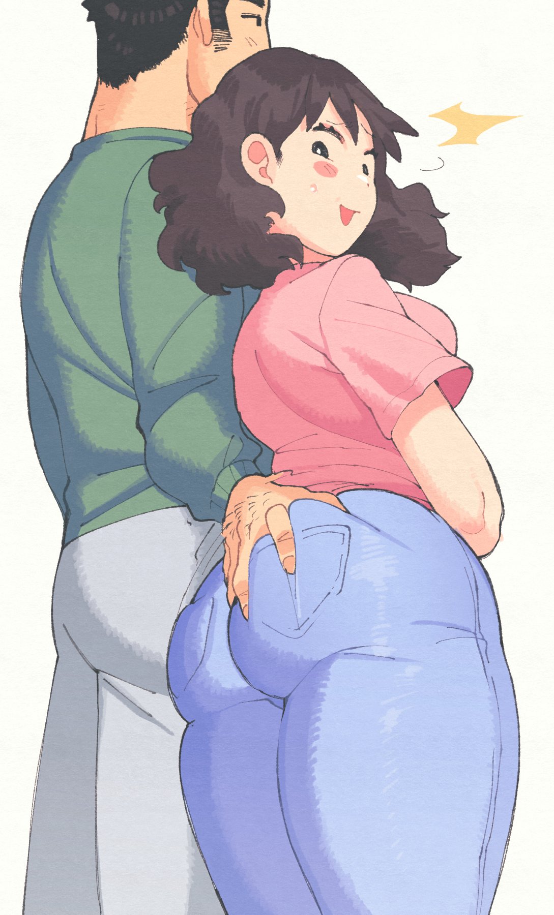 1boy 1girl ass ass_grab black_eyes black_hair blush breasts couple crayon_shin-chan denim from_behind green_sweater hetero highres inkerton-kun jeans large_breasts looking_back nohara_hiroshi nohara_misae open_mouth pants pink_shirt pocket shirt short_sleeves simple_background sweater