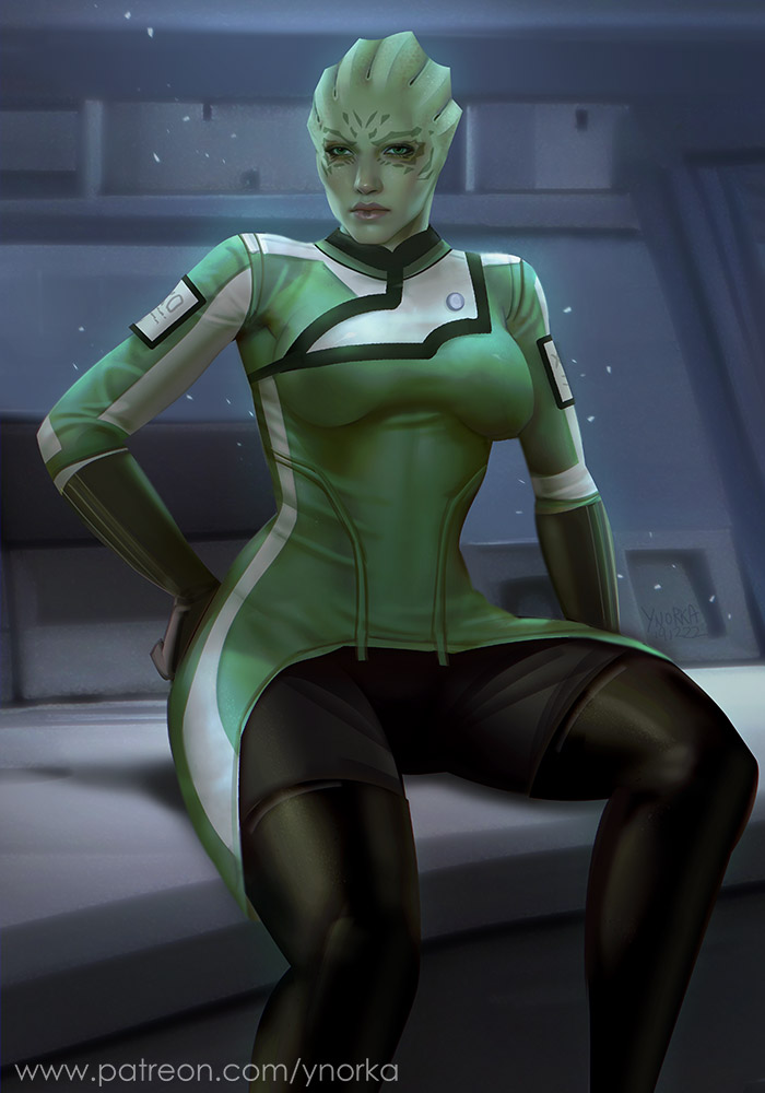 2022 alien alien_humanoid asari boots breasts clothed clothing facial_markings female footwear gloves green_body green_eyes green_skin handwear head_markings humanoid legwear looking_at_viewer markings mass_effect not_furry shiala sitting solo thigh_boots thigh_highs ynorka