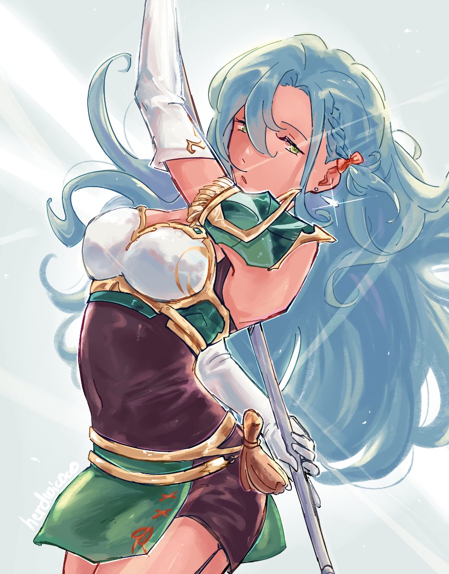 1girl armor blue_hair braid breastplate chloe_(fire_emblem) covered_navel earrings elbow_gloves fire_emblem fire_emblem_engage gloves green_eyes hair_between_eyes hair_ribbon herdwicoco holding holding_polearm holding_weapon jewelry long_hair looking_at_viewer pegasus_knight_uniform_(fire_emblem) polearm ribbon shoulder_armor simple_background skin_tight solo weapon white_gloves