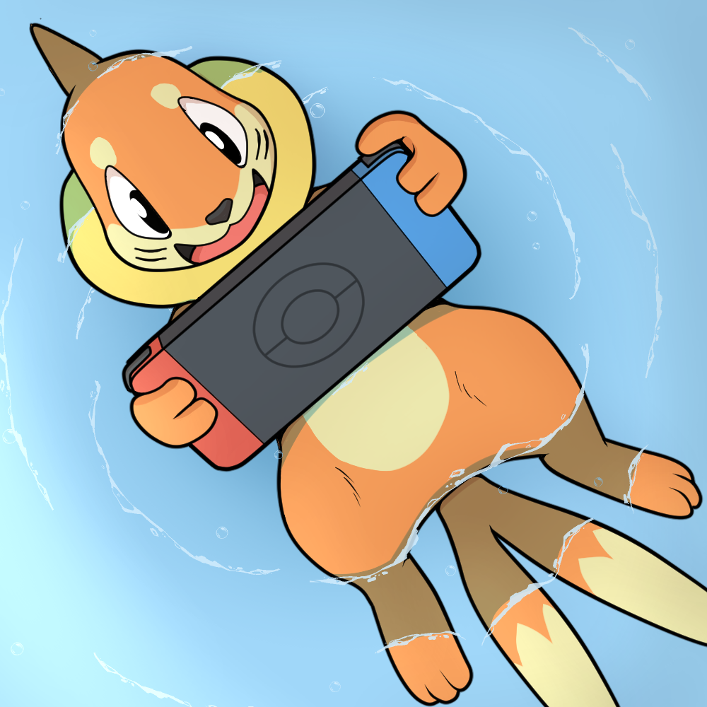 anthro buizel colrblnd countershading floating floating_on_water fur generation_4_pokemon happy holding_object light_body light_countershading logo male nintendo nintendo_switch open_mouth open_smile orange_body orange_fur partially_submerged pokeball pokeball_(marking) pokemon pokemon_(species) ripples smile solo water wide_eyed