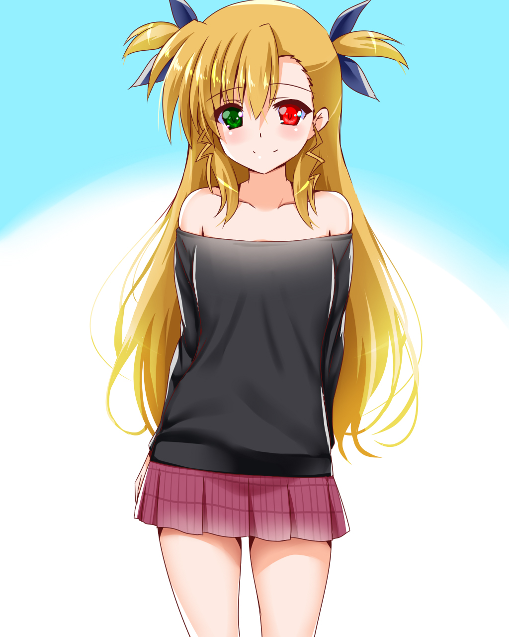 1girl bare_shoulders black_shirt blonde_hair blush closed_mouth engo_(aquawatery) hair_ribbon heterochromia highres long_hair looking_at_viewer lyrical_nanoha mahou_shoujo_lyrical_nanoha_strikers mahou_shoujo_lyrical_nanoha_vivid miniskirt off-shoulder_shirt off_shoulder ribbon shirt skirt smile solo vivio