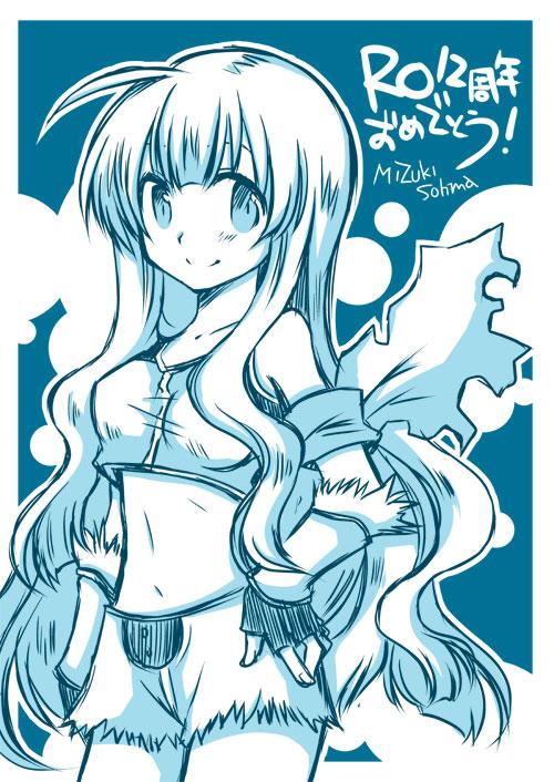1girl ahoge anniversary armband artist_name blue_theme blunt_bangs blush breasts cecil_damon closed_mouth commentary_request cowboy_shot crop_top fingerless_gloves fur-trimmed_gloves fur_trim gloves hand_on_own_hip hime_cut long_hair looking_at_viewer medium_breasts midriff monochrome navel ragnarok_online shirt short_shorts shorts sidelocks sleeveless sleeveless_shirt smile sniper_(ragnarok_online) solo souma_mizuki very_long_hair wavy_hair