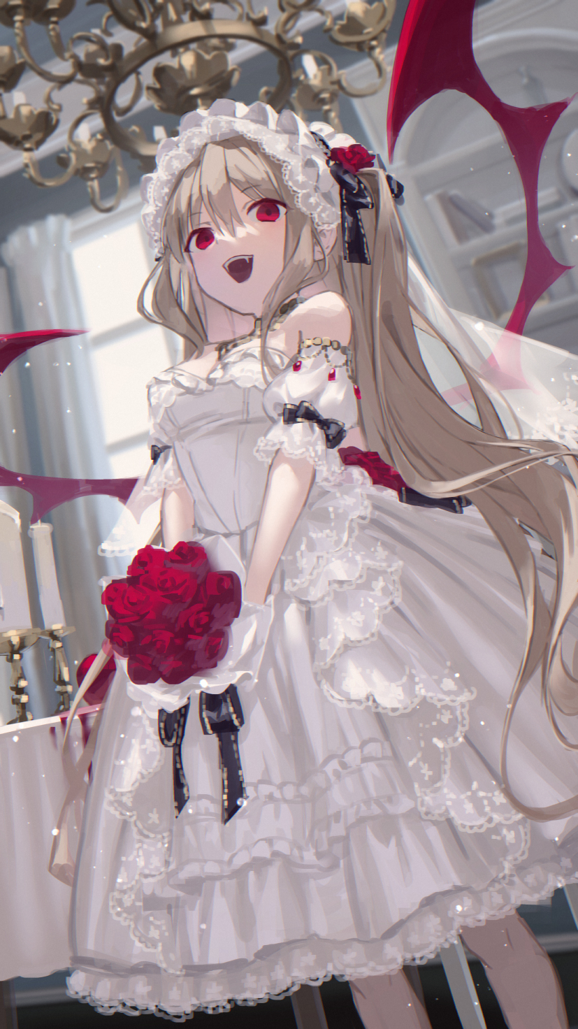 1girl :d bouquet breasts brown_hair candle candlestand commentary_request curtains day detached_sleeves dress fangs feet_out_of_frame flower hair_between_eyes highres holding holding_bouquet indoors long_hair medium_breasts one_side_up original puffy_short_sleeves puffy_sleeves red_eyes red_flower red_rose red_wings rose short_sleeves smile solo standing strapless strapless_dress sunlight table very_long_hair white_dress white_sleeves window wings yumeichigo_alice