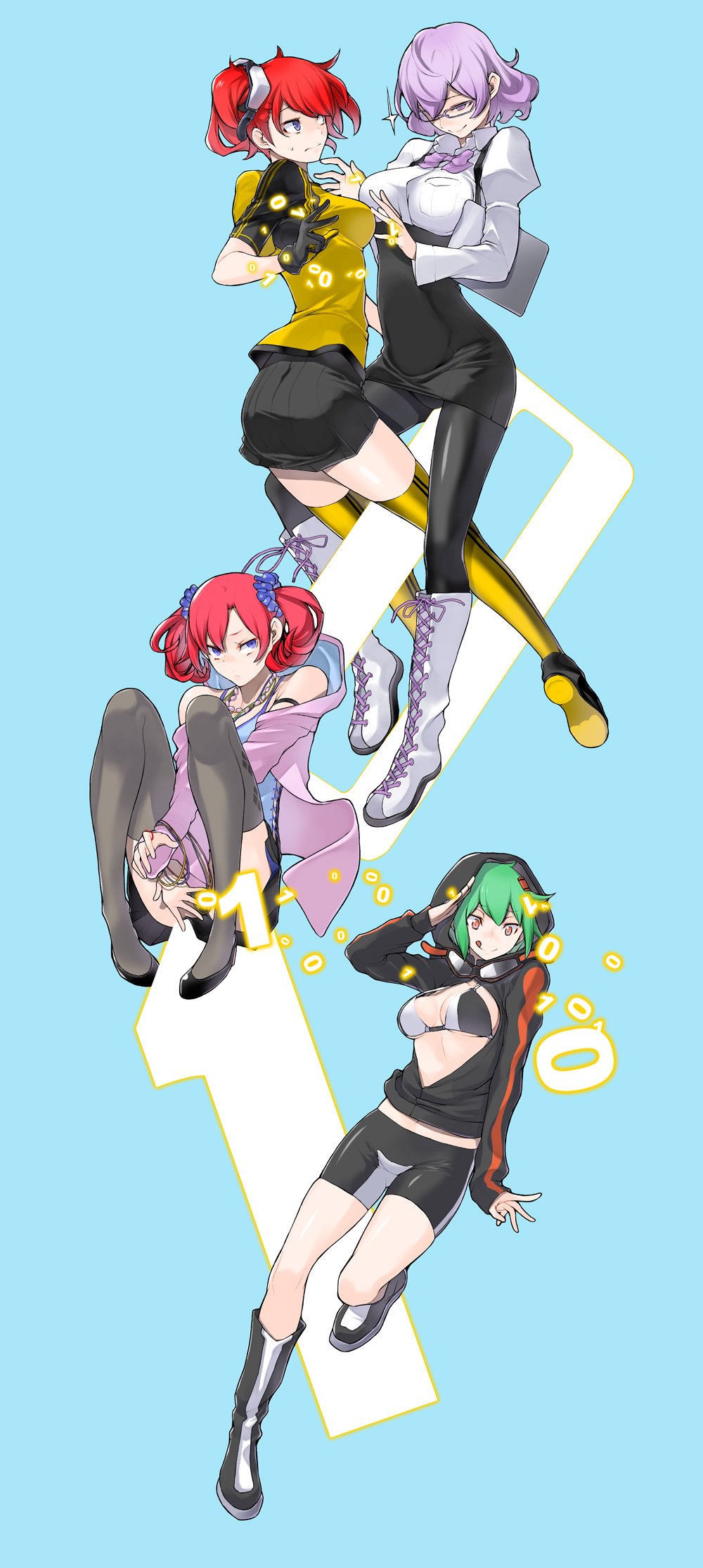 &gt;:) 4girls aiba_ami ass bike_shorts binary black_bra black_footwear blue_background blue_dress blue_eyes blue_scrunchie boots bra breasts cleavage cross-laced_clothes digimon digimon_story:_cyber_sleuth digimon_story:_cyber_sleuth_hacker's_memory dress full_body garter_straps glasses green_hair happy high_heels highres jacket jewelry lace lace-trimmed_bra lace_trim large_breasts looking_at_viewer medium_breasts mikagura_mirei multiple_girls necklace official_art pigeon-toed pink_jacket print_dress red_hair salute scrunchie shinomiya_rina shiny_skin shiramine_nokia shoes side_ponytail simple_background skirt thighhighs twintails underwear v-shaped_eyebrows yasuda_suzuhito