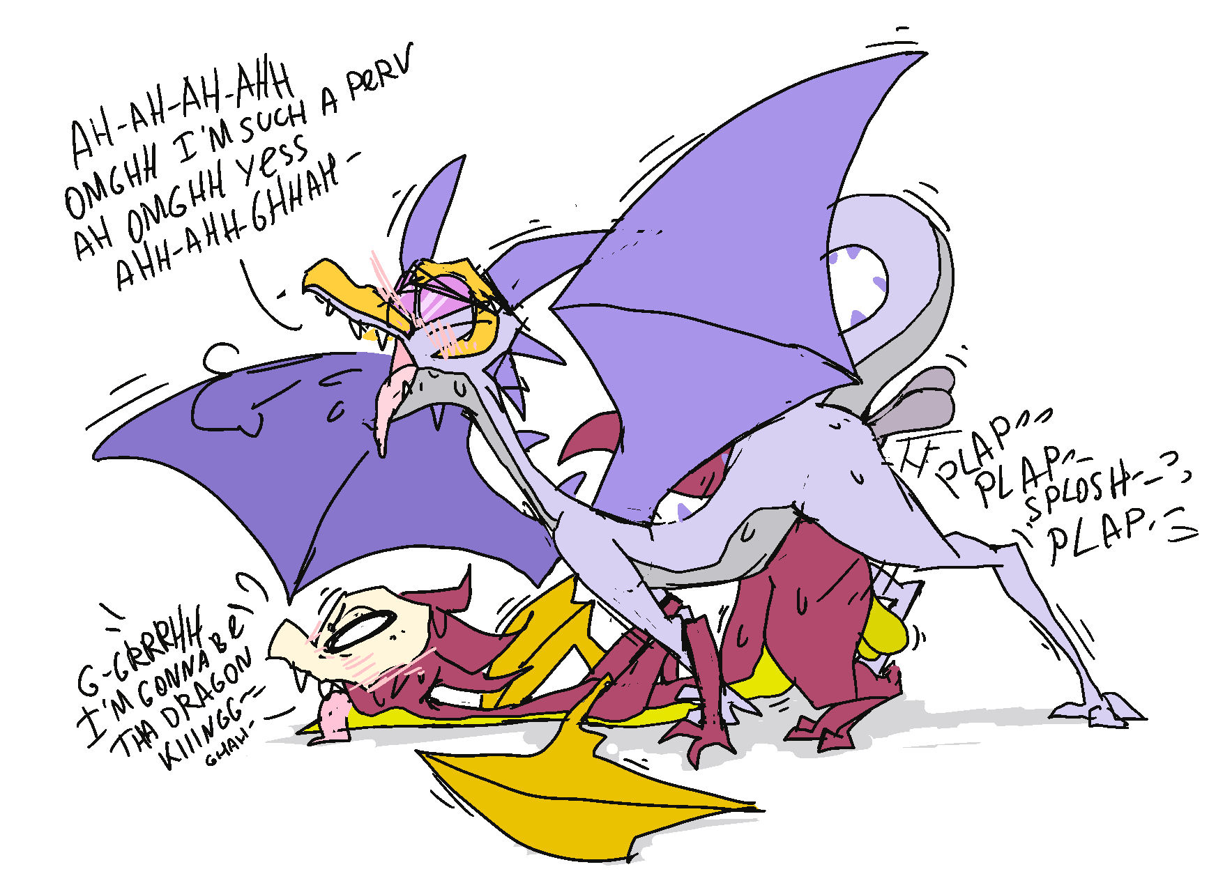 balls bodily_fluids bone bouncing_balls dialogue dragon duo feral forced genitals hi_res horn male male/male purple_body red_body roksim saliva scalie skull story story_in_description sweat tail tongue western_dragon wide_hips wings