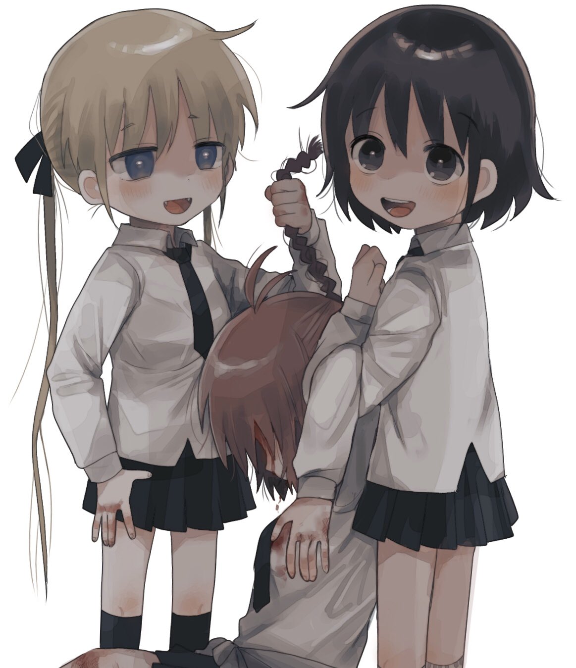 3girls antenna_hair black_necktie black_ribbon black_skirt bleeding_from_forehead blonde_hair blood blood_on_hands blue_eyes blush braid braided_ponytail brown_hair carrying carrying_person collared_shirt commentary dragging fangs from_side hair_ribbon hand_on_own_hip highres injury kill_me_baby locked_arms long_hair long_sleeves looking_at_viewer looking_to_the_side multiple_girls necktie open_mouth oribe_yasuna pleated_skirt raised_eyebrows red_hair ribbon shirt short_eyebrows short_hair simple_background skirt smile sonya_(kill_me_baby) standing twintails unconscious unused_character_(kill_me_baby) white_background white_shirt yasashii_naizou