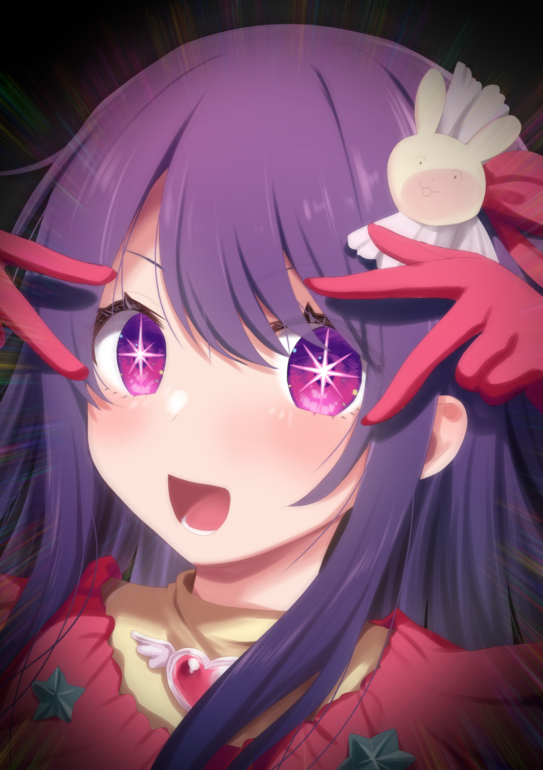 1girl :d blush bow capelet chromatic_aberration commentary_request double-parted_bangs double_v emphasis_lines eyelashes eyes_visible_through_hair hair_between_eyes hair_bow hair_ornament heart-shaped_ornament highres hoshino_ai_(oshi_no_ko) idol long_hair looking_at_viewer open_mouth oshi_no_ko paid_reward_available partial_commentary pink_capelet purple_eyes purple_hair rabbit_hair_ornament saki_chisuzu sidelocks smile solo star_ornament symbol-shaped_pupils v v_over_eye white_bow