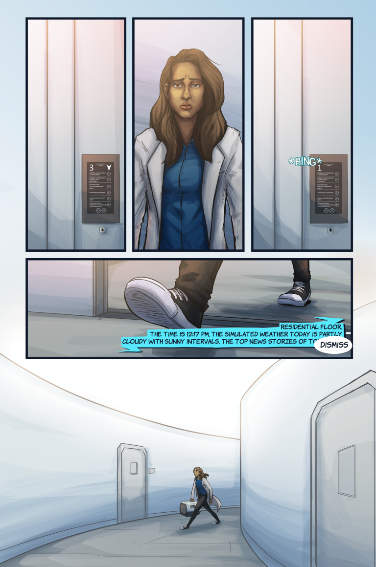2020 5_fingers brown_eyes brown_hair cage clothing coat colored comic elevator english_text eyebrows female fingers hair holding_object human human_only inside lab_coat mammal mgferret not_furry text topwear white_clothing white_coat white_topwear