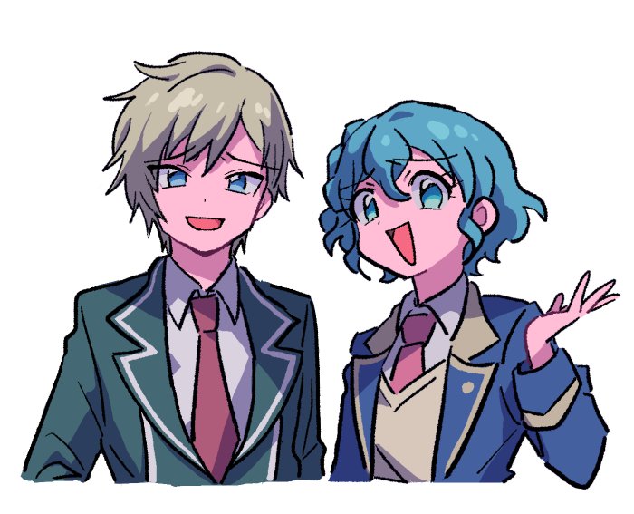 1boy 1girl :d black_jacket blonde_hair blue_eyes blue_hair blue_jacket braid collared_shirt cropped_torso curly_hair dorothy_west hair_between_eyes hand_up idol_time_pripara jacket long_sleeves looking_at_viewer necktie open_clothes open_jacket open_mouth paprika_private_academy_school_uniform pretty_(series) pripara red_necktie rituyama1 school_uniform shirt short_hair side_braid simple_background smile smug upper_body vest white_background white_shirt yellow_vest yumekawa_shougo