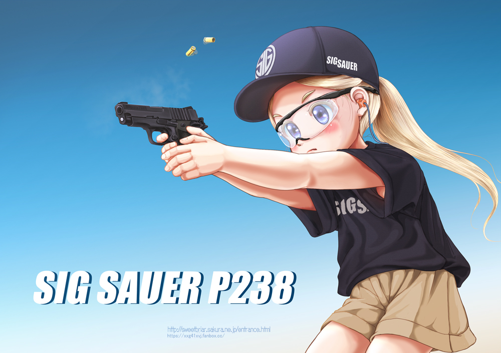 1girl aiming baseball_cap black-framed_eyewear black_headwear black_shirt blonde_hair blue_background blue_eyes blush brown_shorts casing_ejection closed_mouth clothes_writing cocked_hammer colored_eyelashes colored_text commentary_request company_name cowboy_shot ear_protection english_commentary finger_on_trigger firing floating floating_object from_side frown gradient_background gun hair_behind_ear handgun hat headwear_writing holding holding_gun holding_weapon kahis_(sweetbriar) light_blue_background logo looking_ahead merchandise mixed-language_commentary original over-rim_eyewear partial_commentary petite ponytail safety_glasses semi-rimless_eyewear serious shell_casing shirt shooting_glasses short_sleeves shorts sig_sauer sig_sauer_p238 smoke smoking_gun solo t-shirt two-handed weapon weapon_name web_address white_background