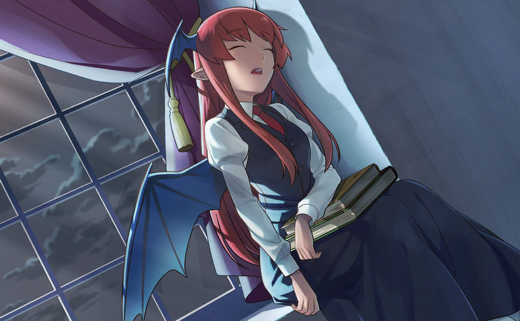 1girl bat_wings black_skirt black_vest book book_stack buttons closed_eyes cloud cloudy_sky collared_shirt curtains dappled_sunlight game_cg head_wings indoors ishizuka_miyuki juliet_sleeves koakuma long_hair long_skirt long_sleeves necktie official_art open_mouth pointy_ears puffy_sleeves red_hair red_necktie shirt sidelocks sitting skirt skirt_set sky sleeping solo straight_hair sunlight tassel teeth touhou touhou_cannonball upper_teeth_only v-neck vest white_shirt window windowsill wings