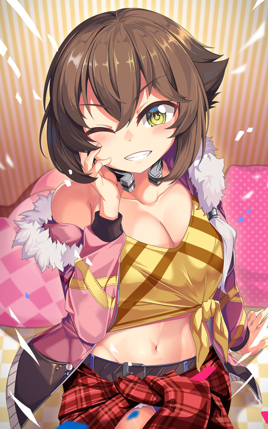 1girl belt black_belt breasts brown_hair cleavage collarbone commentary_request cosplay cowboy_shot highres horseshoe jacket kantai_collection long_sleeves midriff mutsu_(kancolle) narita_taishin_(umamusume) narita_taishin_(umamusume)_(cosplay) navel off_shoulder open_clothes open_jacket pink_jacket shirt short_hair single_bare_shoulder solo standing stomach umamusume yasume_yukito yellow_eyes yellow_shirt