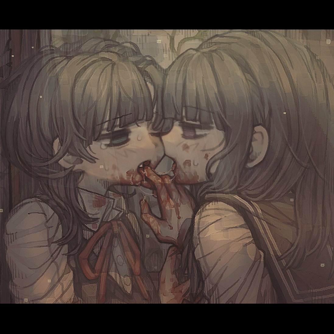 2girls after_kiss blood blood_on_clothes blood_on_face blood_on_hands blunt_bangs brutal_vap collared_shirt crying crying_with_eyes_open empty_eyes finger_in_another's_mouth from_side letterboxed long_hair looking_at_another multiple_girls neck_ribbon open_mouth original red_ribbon ribbon sailor_collar saliva saliva_trail school_uniform shirt sweater_vest tears upper_body white_shirt