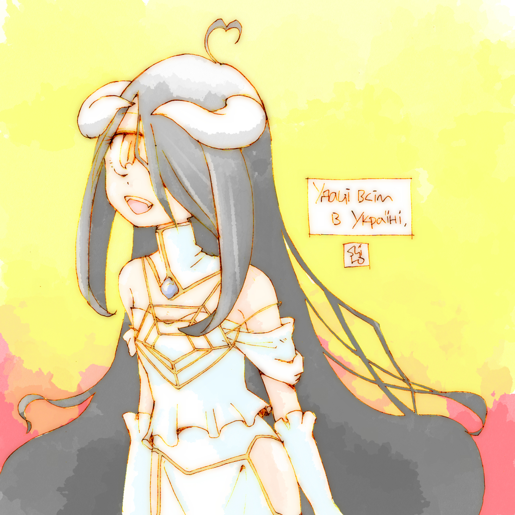 1girl ahoge albedo_(overlord) albedo_(overlord)_(cosplay) black_hair cosplay detached_collar gloves heart heart_ahoge hip_vent horns little_witch_academia long_hair overlord_(maruyama) shiro0909 skirt solo sucy_manbavaran white_gloves white_horns white_skirt yellow_eyes
