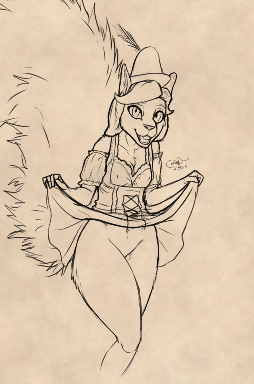 2023 anthro blokfort bottomless bottomwear breasts clothed clothing clothing_lift dress female fur genitals hair hat headgear headwear hi_res mammal monochrome oktoberfest pussy rodent sciurid simple_background sketch skirt skirt_lift smile solo teeth tree_squirrel