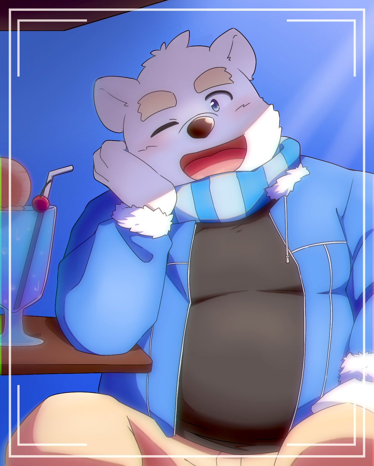 2023 anthro bear belly big_belly bottomwear clothing hi_res kemono male mammal one_eye_closed overweight overweight_male pants polar_bear scarf shirane_kan shirt sitting solo sweater topwear ursine utau utu_kuma257 white_body wink