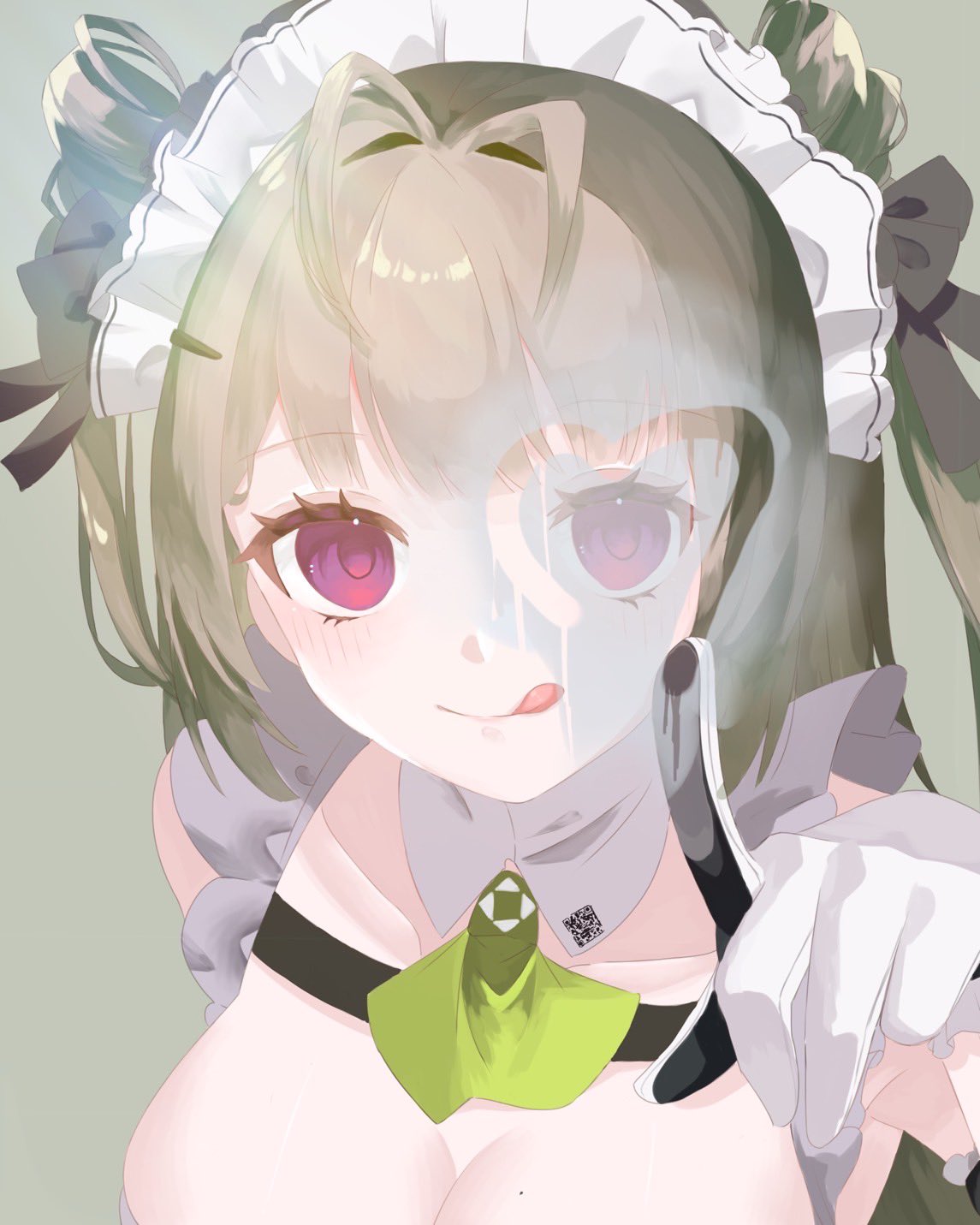 1girl :q antenna_hair arm_cuffs ascot black_gloves blunt_bangs blush breasts chest_strap collarbone detached_collar double_bun drawing frills gloves goddess_of_victory:_nikke green_ascot green_background hair_bun hair_ornament hair_ribbon hairclip heart heart_antenna_hair highres large_breasts light_green_hair long_hair maid maid_headdress mole mole_on_breast pink_eyes pointing ribbon simple_background sleeveless smile soda_(nikke) solo sui_nikke tongue tongue_out two-tone_gloves upper_body white_gloves