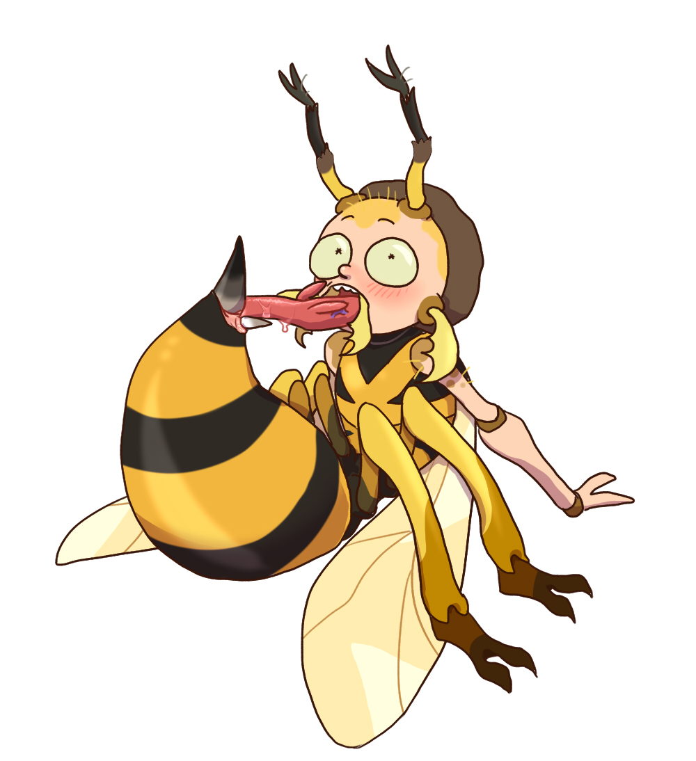 adult_swim arthropod bee blush brown_hair cartoon_network hair humanoid hymenopteran insect male morty_smith open_mouth rick_and_morty simple_background solo upper_teeth white_background wings