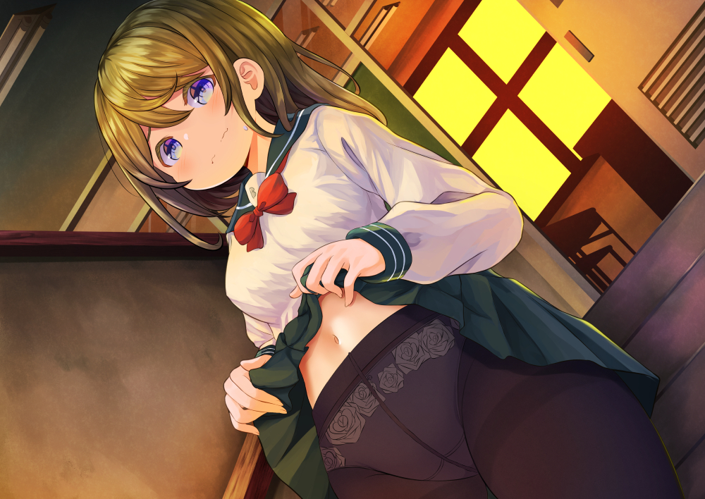 1girl black_pantyhose blush clothes_lift commentary_request crotch_seam dutch_angle embarrassed green_sailor_collar green_skirt kbisuco lifted_by_self long_sleeves looking_at_viewer original paid_reward_available panties panties_under_pantyhose pantyhose sailor_collar school_uniform serafuku shirt skirt skirt_lift solo sunset sweatdrop thighband_pantyhose underwear wavy_mouth white_shirt wrist_cuffs