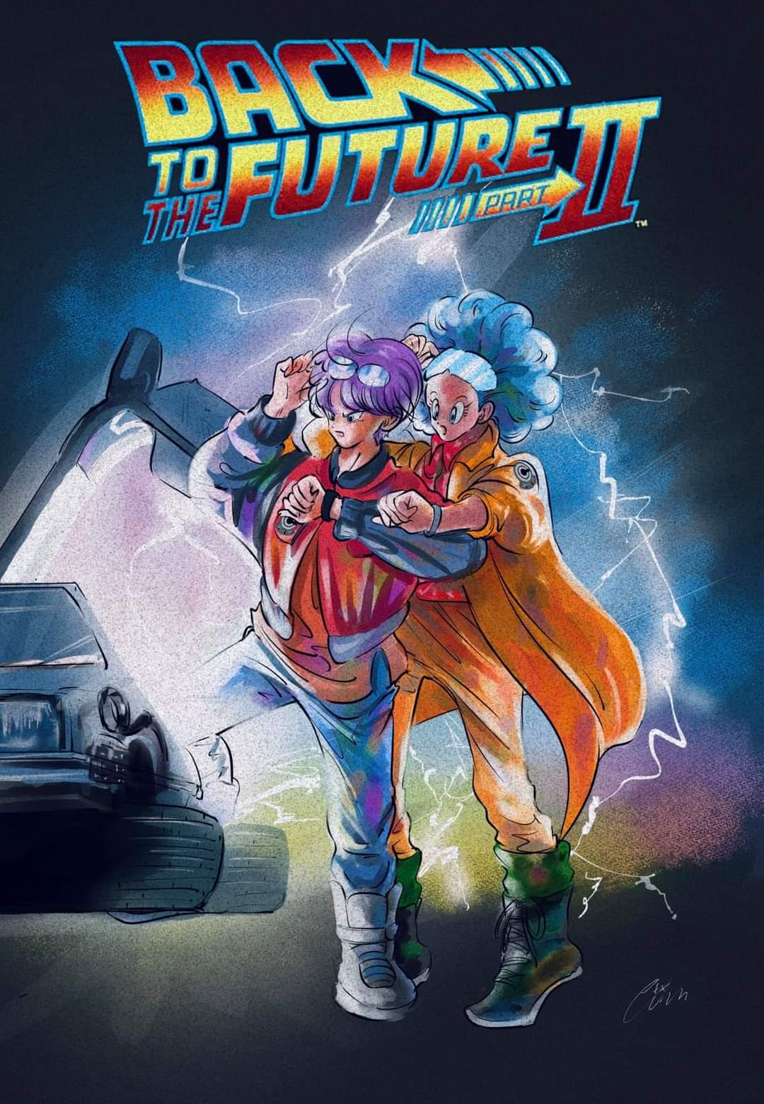 1boy 1girl back_to_the_future blue_hair boots bulma car cosplay delorean dragon_ball dragon_ball_z emmett_brown emmett_brown_(cosplay) highres jacket lumlum_0_1 marty_mcfly marty_mcfly_(cosplay) mother_and_son motor_vehicle non-web_source pants purple_hair red_jacket sunglasses third-party_source trunks_(dragon_ball) trunks_(future)_(dragon_ball) yellow_pants