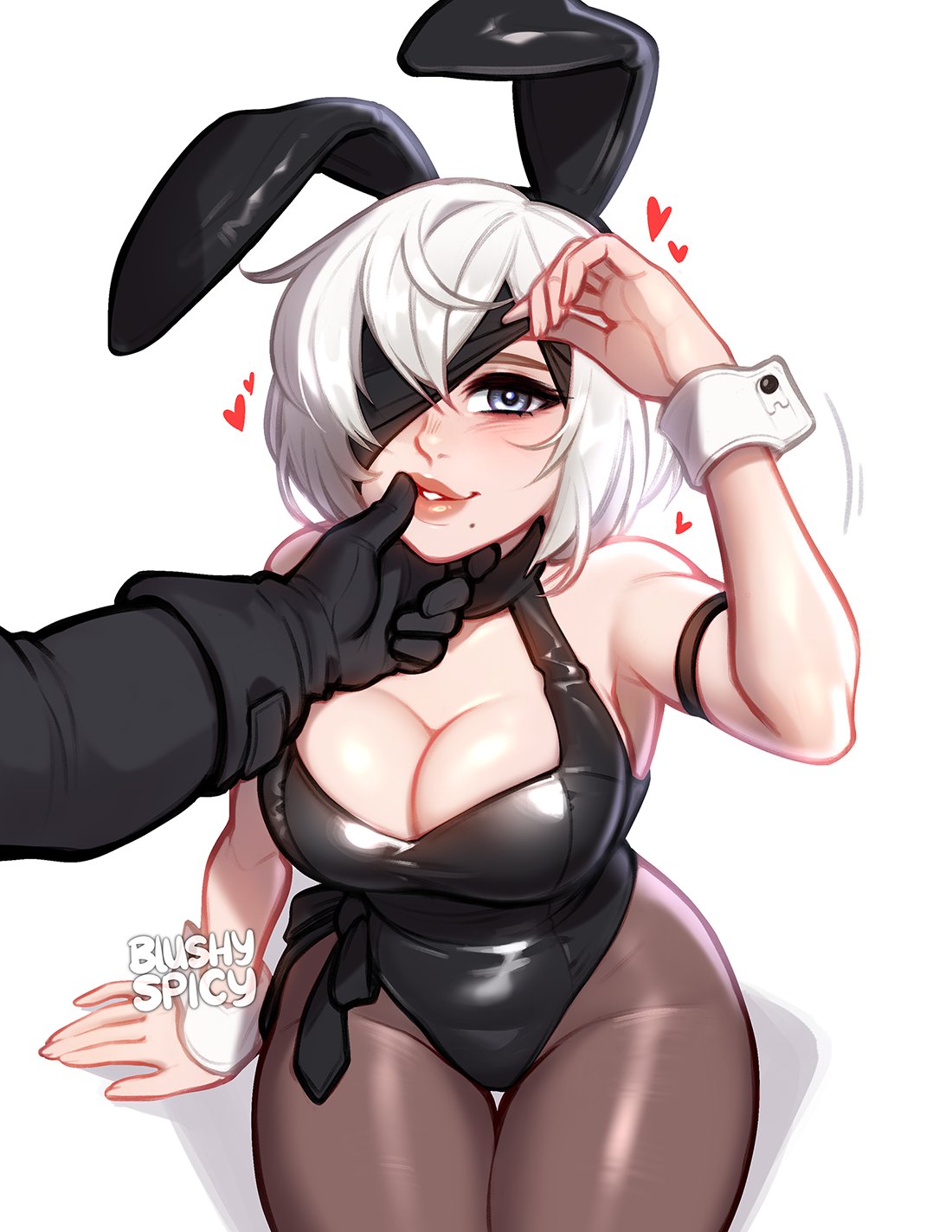 1girl animal_ears bangs bare_shoulders black_blindfold black_gloves black_leotard blindfold blushyspicy breasts brown_pantyhose cleavage fake_animal_ears from_above gloves hairband heart highres large_breasts leotard looking_at_viewer mole mole_under_mouth nier:automata nier_(series) pantyhose playboy_bunny rabbit_ears short_hair simple_background sitting smile solo_focus white_background white_hair wrist_cuffs yorha_no._2_type_b yorha_no._9_type_s