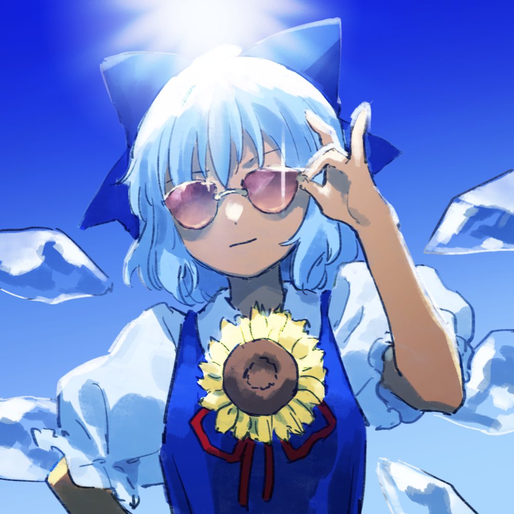 1girl adjusting_eyewear blue_dress blue_hair cirno dark-skinned_female dark_skin dress flower hidden_star_in_four_seasons ice ice_wings kaigen_1025 looking_at_viewer purple-tinted_eyewear shirt smile solo sunflower sunglasses sunlight tanned_cirno tinted_eyewear touhou white_shirt wings