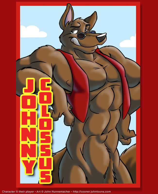 2011 abs anthro biceps big_pecs black_nose border bottomless brown_body brown_fur canid canine canis claws clothed clothing cloud con_badge cooner english_text eyewear featureless_crotch finger_claws fur johnny_colossus licking licking_lips male mammal muscular muscular_anthro muscular_male navel open_clothing open_topwear open_vest pecs red_border red_clothing red_topwear red_vest sky solo standing sunglasses text tongue tongue_out topwear topwear_only url vest vest_only wolf