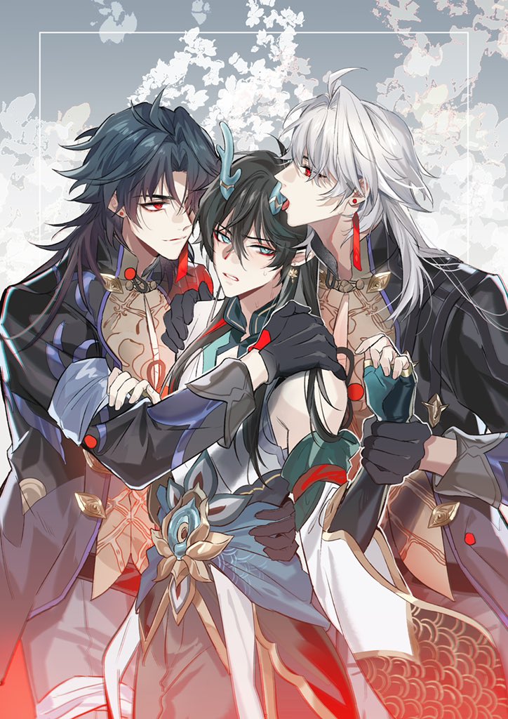 3boys ahoge alternate_hair_color black_gloves black_hair black_sleeves blade_(honkai:_star_rail) chinese_clothes closed_mouth dan_heng_(honkai:_star_rail) dan_heng_(imbibitor_lunae)_(honkai:_star_rail) detached_sleeves dragon_boy dragon_horns dual_persona earrings fingernails gem gloves green_eyes green_gloves green_horns grey_pants hair_over_one_eye hand_on_another's_arm hand_on_another's_shoulder hand_on_another's_waist height_difference holding_another's_wrist honkai:_star_rail honkai_(series) horns jewelry licking licking_horn long_hair looking_at_another male_focus multiple_boys multiple_views pants parted_lips pointy_ears red_eyeliner red_eyes smile upper_body white_hair yantou828 yaoi