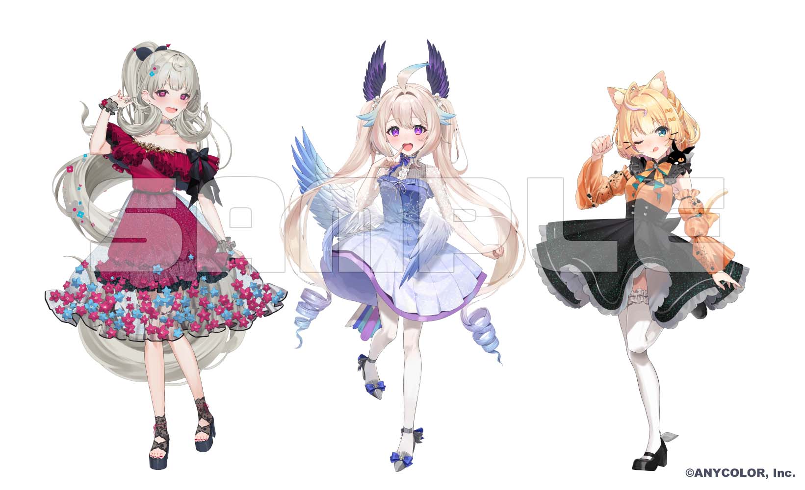 3girls ;q ahoge animal_ear_fluff animal_ears black_footwear black_skirt blue_dress bow cat_ears cat_girl detached_sleeves dress enna_alouette ethyria footwear_bow gradient_dress gradient_hair grey_footwear grey_hair hair_ornament hairclip head_wings high-waist_skirt high_ponytail highres long_hair lucie_(millie_parfait) mary_janes millie_parfait multicolored_hair multiple_girls nijisanji nijisanji_en off-shoulder_dress off_shoulder official_art one_eye_closed open_mouth orange_shirt pantyhose pink_eyes purple_eyes purple_wings red_dress reimu_endou sample_watermark shirt shoes short_hair sinomi skirt smile standing standing_on_one_leg thighhighs tongue tongue_out twintails very_long_hair white_pantyhose white_thighhighs wings