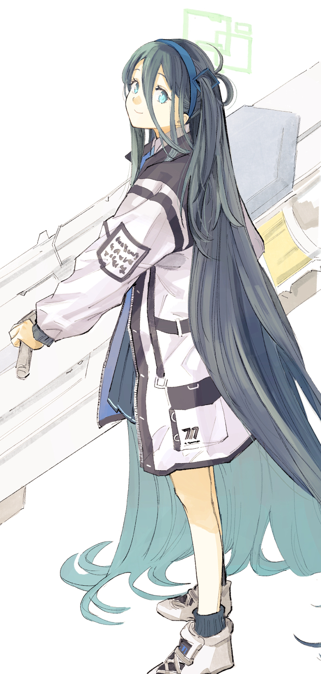 1girl aqua_eyes aris_(blue_archive) black_hair black_skirt blue_archive blue_hair blue_hairband coat gradient_hair hair_between_eyes hairband halo highres hiro_(chumo) holding long_hair long_sleeves looking_at_viewer multicolored_hair one_side_up open_clothes open_coat railgun shoes simple_background skirt smile sneakers socks solo standing very_long_hair white_background white_coat